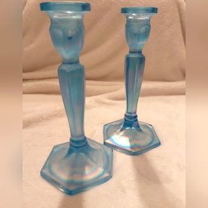 Fenton glass Candlesticks in Twilight Blue Carnival Glass